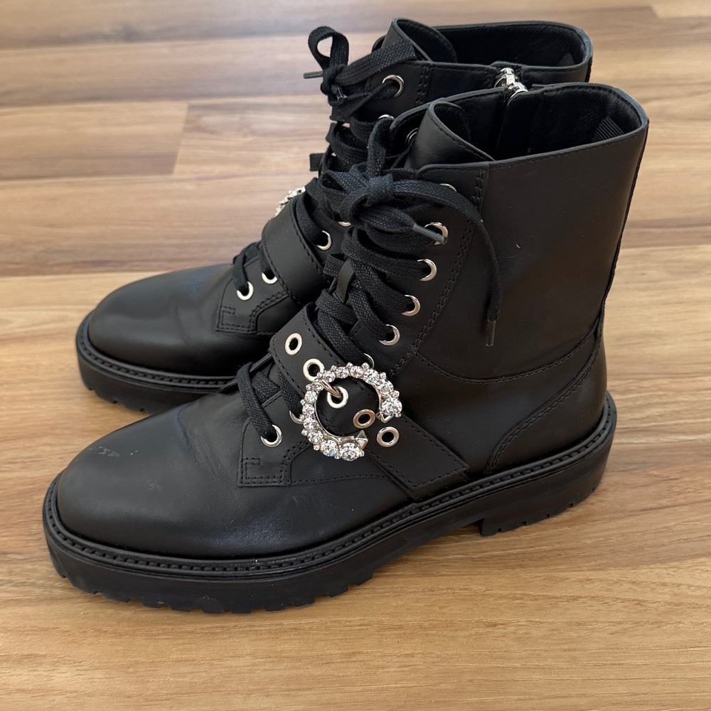 Jimmy Choo Black Leather Combat Boots with Crystal Buckle